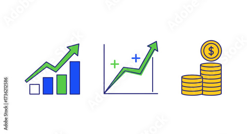 A set of three financial icons depicting business growth with an upward trending bar chart, a line graph, and stacked coins.