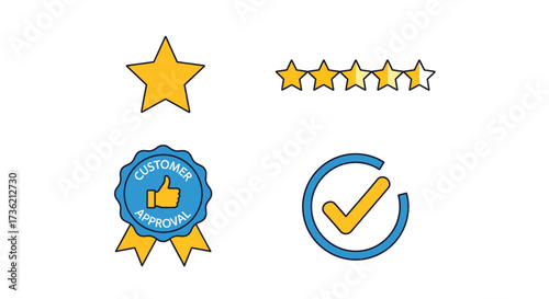 A collection of colorful icons representing customer satisfaction, ratings, reviews, and quality approval.