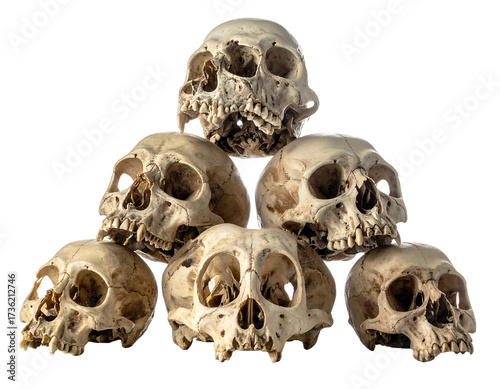 Collection of ancient hominid skulls isolated on transparent background