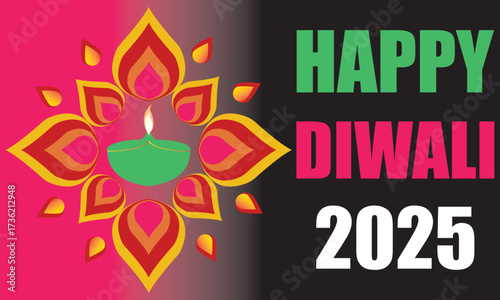 Happy Diwali 2025 greeting with festive Diya.Colorful Diwali 2025 greeting card featuring traditional oil lamp diya with decorative rangoli design on a bright festive background.EPS 10/ AI.