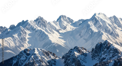 Isolated snowy mountains high above the forest; mountainous winter scenery, cold season