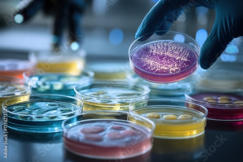 Petri Dish Examination - Gloved Hand Holds Purple Culture Above Colorful Samples.
