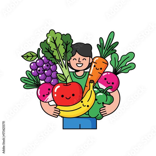 Vibrant vector illustration of a joyful person embracing an abundant collection of fresh, healthy fruits and vegetables for a nutritious lifestyle