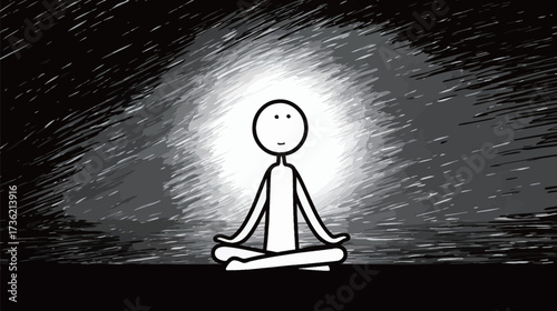 A simple art style depicts a meditative figure sitting cross-legged. The character has a calm expression, surrounded by a dark background with a soothing light emanating.