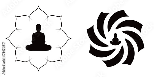 Two minimalist designs showcase a meditating figure surrounded by lotus petals and a swirling pattern. These symbols reflect peace and mindfulness in spirituality.