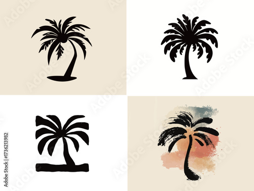 Four variations of palm tree designs are displayed on a light background, showcasing different artistic styles and techniques for each tree representation.