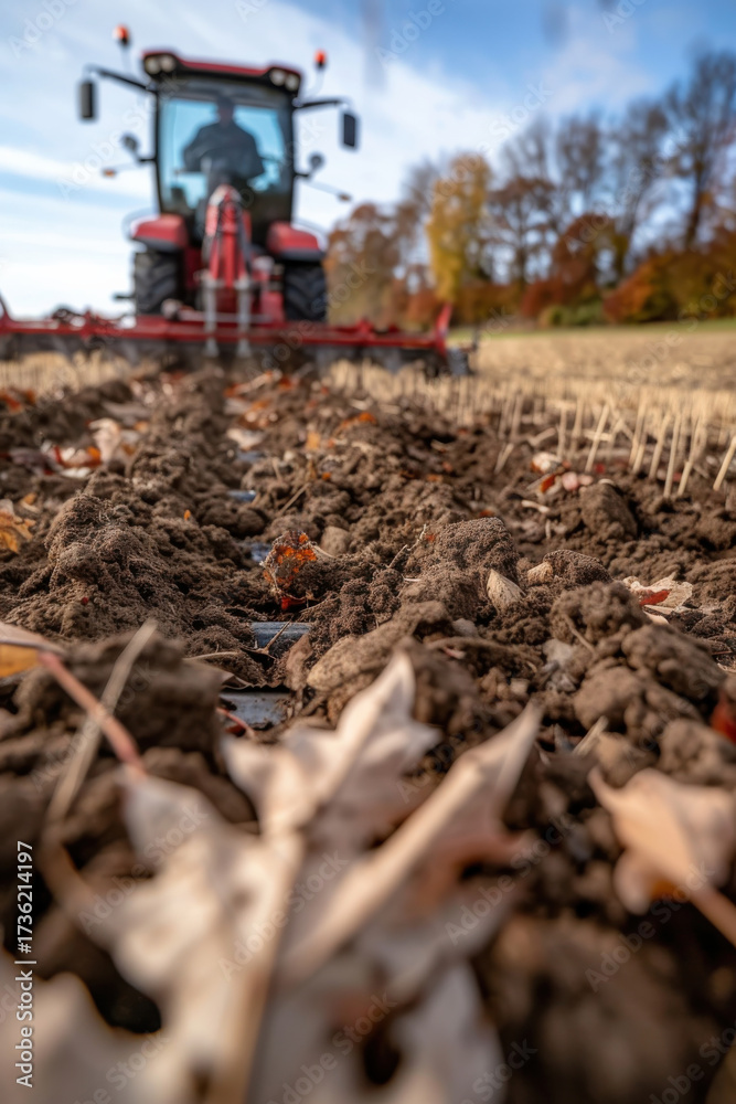 Obraz premium A red tractor tilling the soil in an autumn field, showcasing the beauty of nature and agriculture as the farmer prepares the land for the upcoming planting season.
