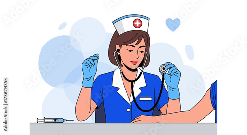 Professional nurse preparing to examine patient heart beat with stethoscope in clinic