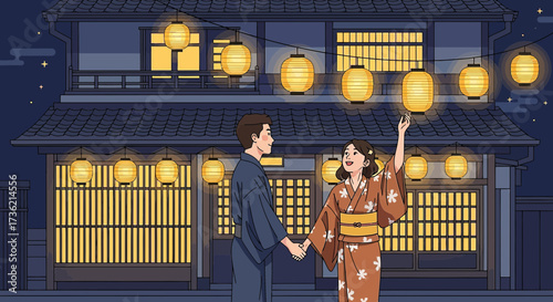 Romantic illustration of a couple in yukata enjoying a traditional Japanese festival atmosphere