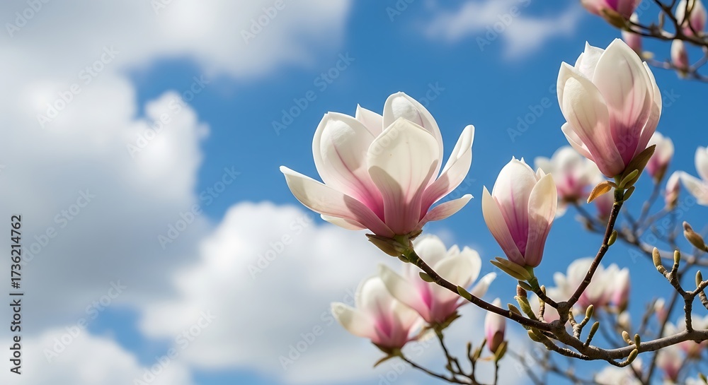 Obraz premium Blossoming magnolia flowers against a partly cloudy sky
