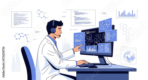 Scientist analyzing molecular data on computer with multiple screens and headset in laboratory