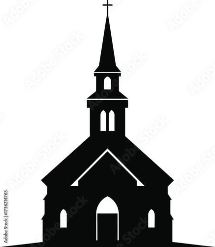 Black Silhouette of a Church with Steeple on White Background building architecture