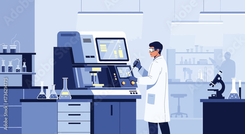 Scientist conducting research experiment in the modern laboratory facility vector illustration