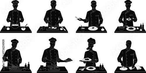 Silhouette vector illustration of chefs cooking, preparing food, garnishing dishes, and working in kitchen for culinary, restaurant, and gastronomy design.