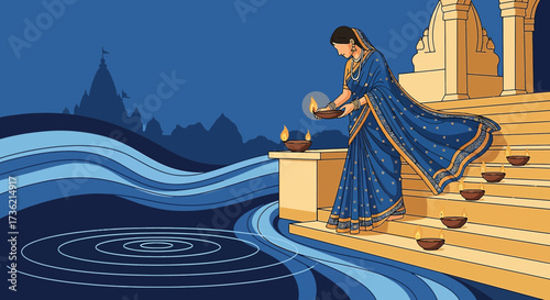 Serene depiction of Diwali celebrations near a temple with a woman in sari