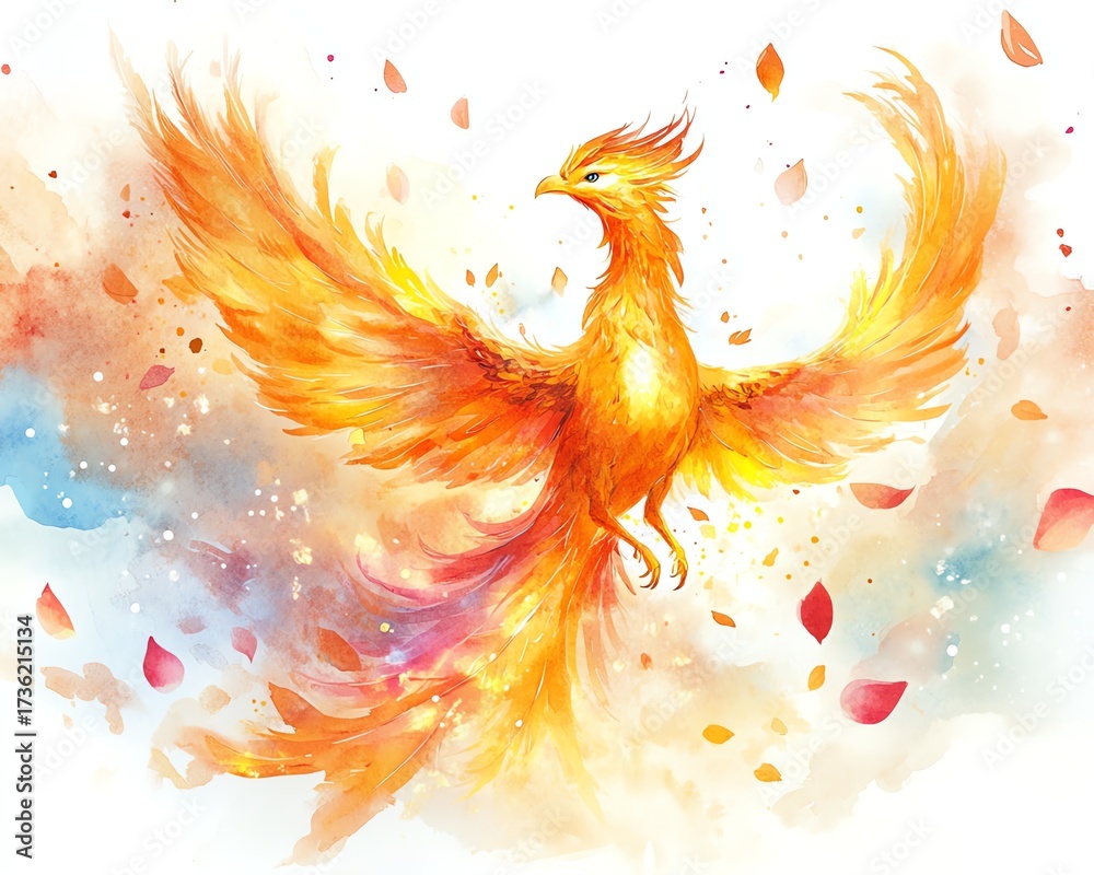 Obraz premium Watercolor fine art of a symbolic golden phoenix rising from glowing fireworks