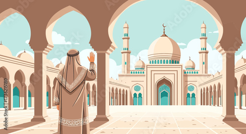 Serene view of mosque with arab man raising his hand under the pillars of mosque