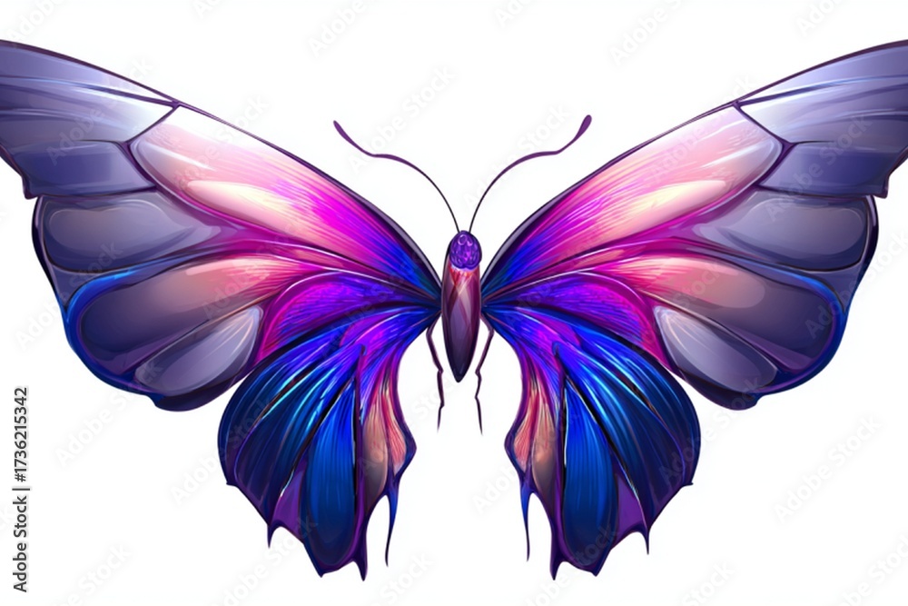 Fototapeta premium Colorful butterfly illustration with vibrant blue and purple wings in a symmetrical pattern isolated on white background