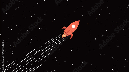 A vibrant rocket speeds through the dark expanse of space, leaving bright trails behind. The backdrop features countless stars, creating a sense of adventure and exploration.