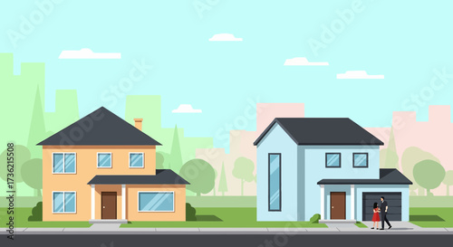 Suburban bliss two modern houses under a sunny sky, a young couple in love stands outside their