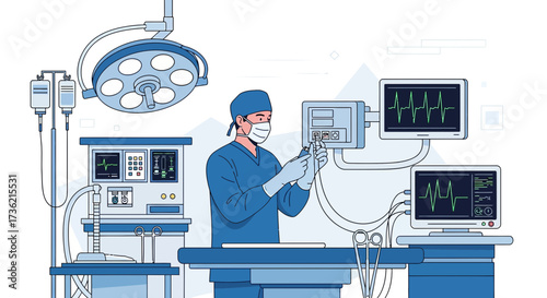Surgeon operating with modern medical equipment in a sterile environment illustrating healthcare