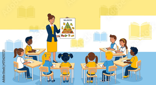 Teacher explaining balanced diet to students in a classroom with books in background