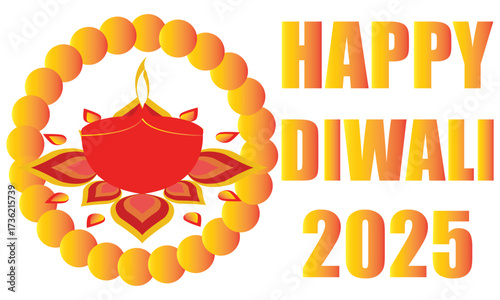 Happy Diwali 2025 greeting with festive Diya.Colorful Diwali 2025 greeting card featuring traditional oil lamp diya with decorative rangoli design on a bright festive background.EPS 10/ AI.