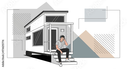 Tiny house living and modern lifestyle illustration, man listening music and relaxing, vector