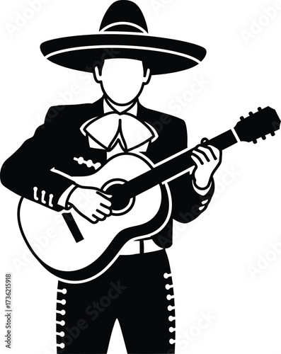 Black Silhouette of a Mariachi Musician Playing Guitar on White Background vector