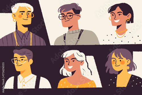 Vector flat style avatars - young men and women with unique hairstyles, stylish outfits, and friendly cartoon expressions