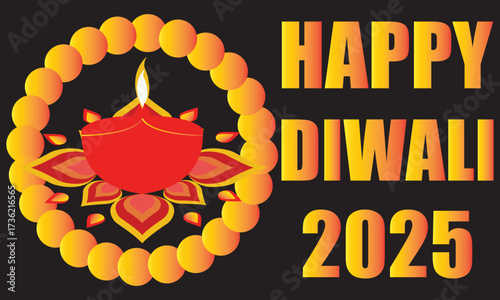 Happy Diwali 2025 greeting with festive Diya.Colorful Diwali 2025 greeting card featuring traditional oil lamp diya with decorative rangoli design on a bright festive background.EPS 10/ AI.