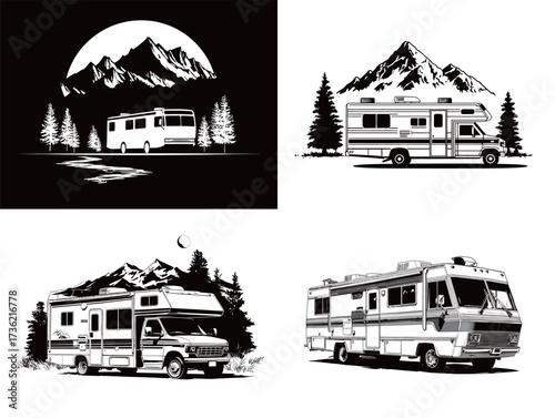 Three distinct recreational vehicles are shown among tall pine trees and mountains. The black and white design highlights the beauty of outdoor adventures.