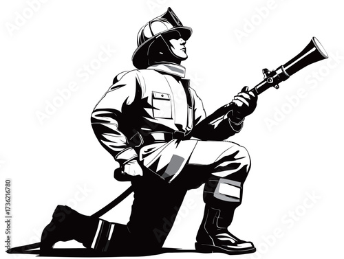 A firefighter is kneeling on one knee while holding a fire hose. The focus is on the determination and strength of the firefighter, dressed in standard gear.