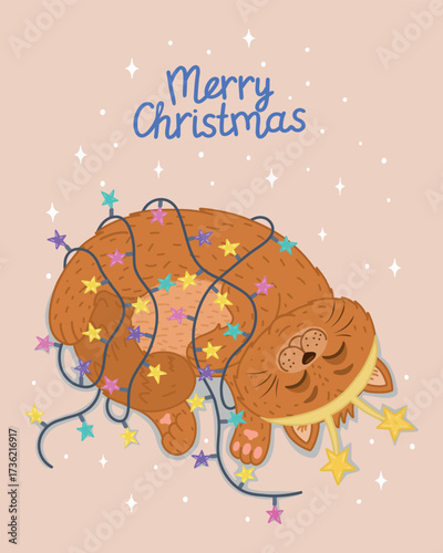 A vector illustration showing a cute kitty sleeping and entangled in holiday lights. New Year card.
