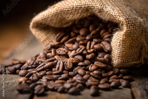 Coffee Beans Spilling from Sack on Rustic Table