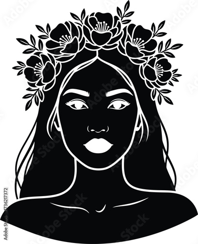 Black Silhouette of a Woman with a Floral Crown and Long Hair black and white portrait