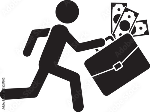 Dynamic icon of person running with briefcase full of money, symbolizing business success, investment opportunity, and wealth accumulation in modern finance