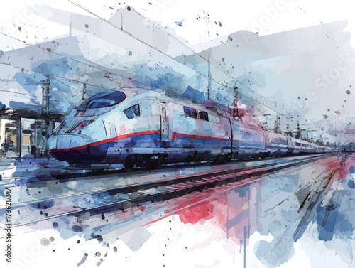 A high-speed train approaches a contemporary railway station, showcasing dynamic motion and vibrant colors. The scene captures the energy of travel and speed during the day.