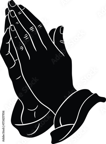 Black Silhouette of Praying Hands Clasped Together on a White Background prayer religion