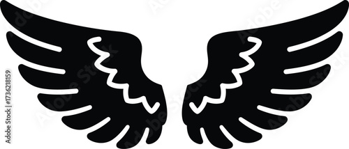 Black Silhouette of Stylized Angel Wings with Decorative Edges on a White Background