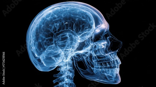 Vibrant Blue Holographic Human Brain and Skull Anatomy Scan on Black Background.