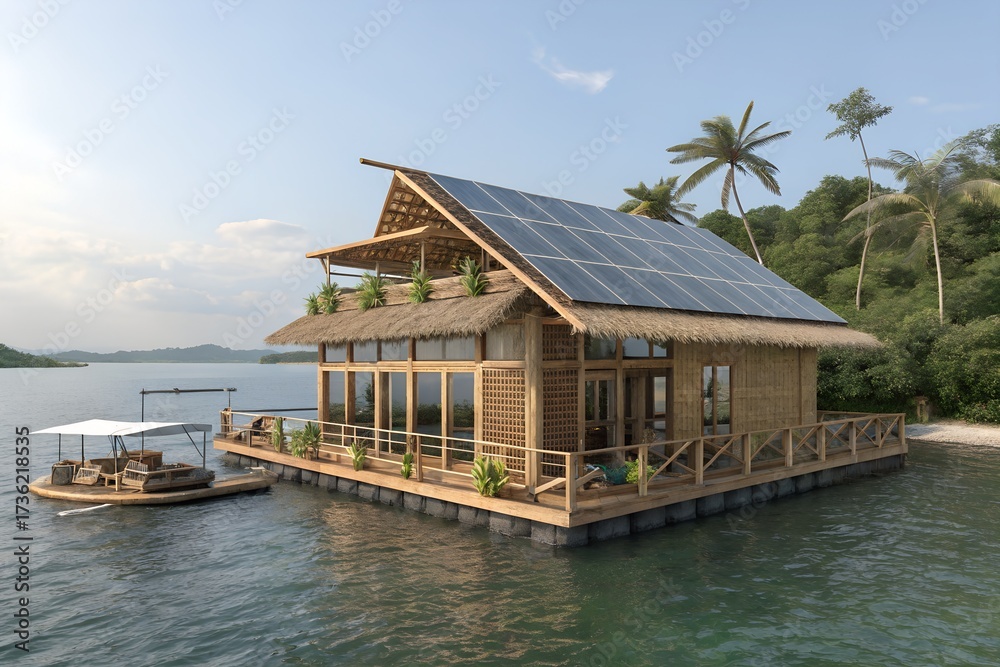 Fototapeta premium Floating Bamboo Eco-Hotel on Water with Solar Power – Sustainable Green Tourism Architecture