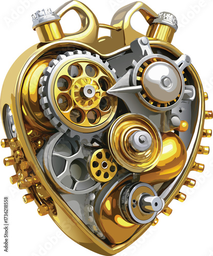 Intricate Steampunk Mechanical Heart Made of Gold Gears and Cogs