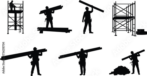 Silhouette vector illustration of construction workers lifting beams, carrying materials, and scaffolding, suitable for construction, engineering, industrial, and architectural projects.