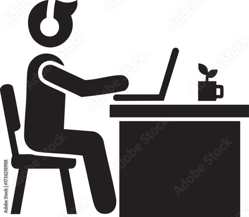Focused professional with headphones working at desk with laptop and plant, ideal for remote work, study, or creative workspace projects