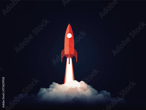 A bright red rocket is ascending through a cloud of smoke against a dark sky. The launch creates a stunning spectacle illuminated by the rockets flames.