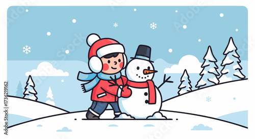 A cheerful child dressed in winter attire happily builds a snowman in a snowy landscape with snow falling gently around them, creating a festive winter scene