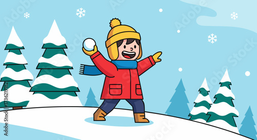 A cheerful child in a red jacket and yellow hat enjoys a snowball fight amidst a picturesque winter landscape with snow-covered trees, showcasing the joy of winter activities and outdoor fun