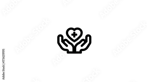 Outline icon of caring hands holding a heart with a plus sign, symbolizing healthcare, medical support, charity, wellness, and assistance.