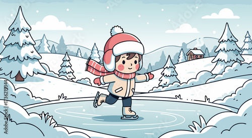 Charming cartoon illustration of a joyful child ice skating on a frozen pond surrounded by snow-covered trees and hills on a sunny winter day, capturing the essence of seasonal fun